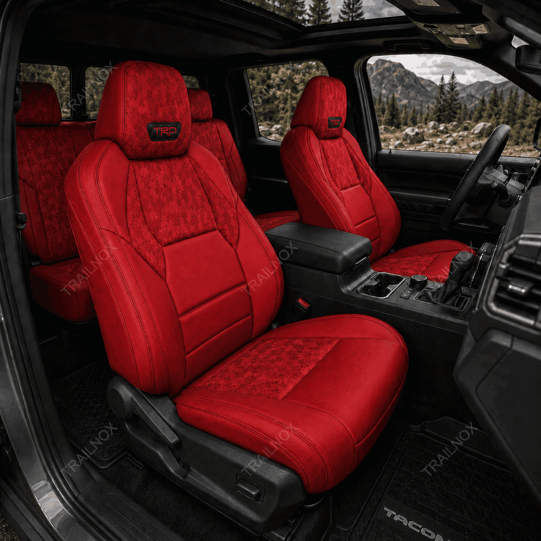 Tacoma Seat Covers – Red camouflage seat covers with TRD-style silicone logo