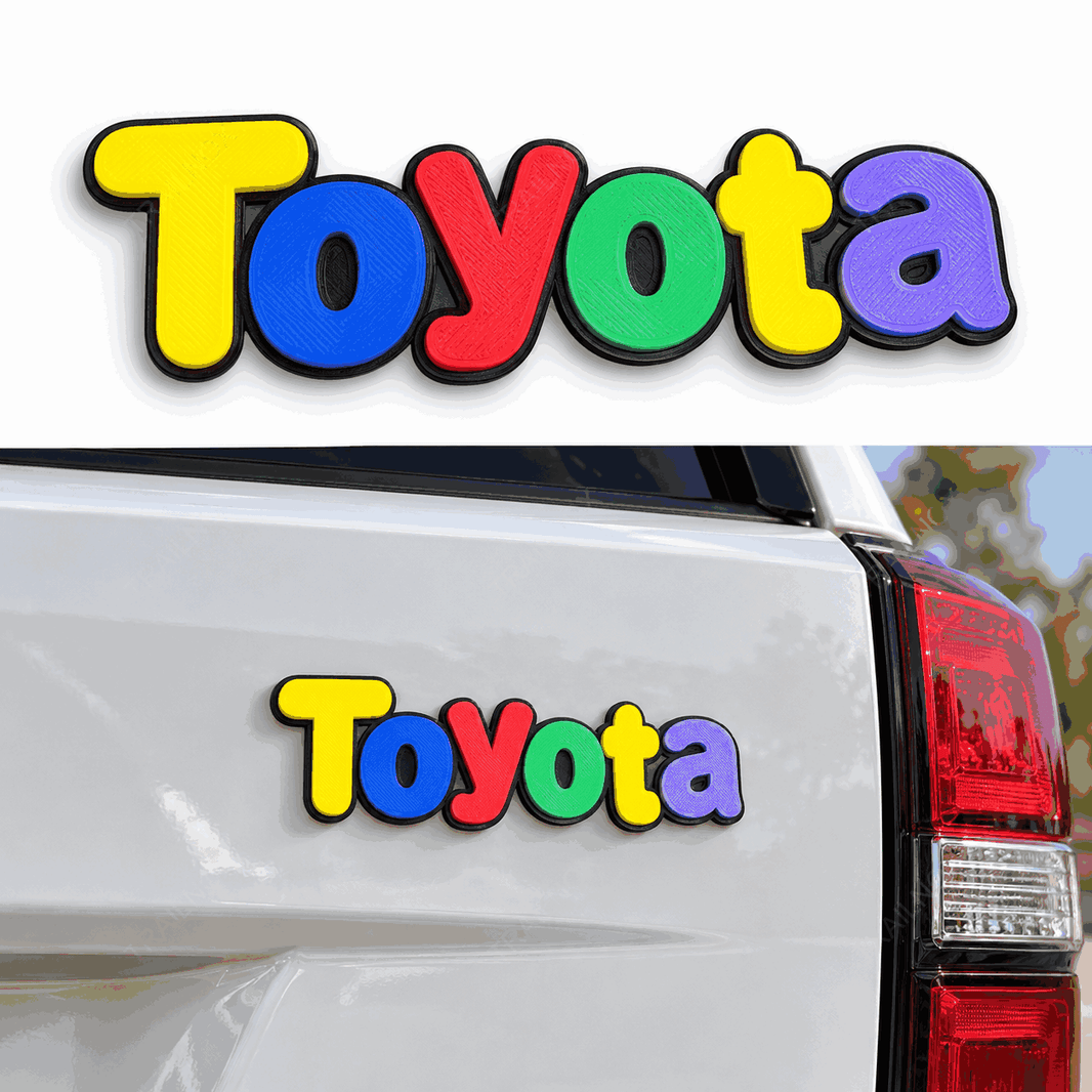 Toyota 3D Rear Emblem Badge, Mario Style Toyota Lettering, 3M Adhesive Trunk Tailgate Decal